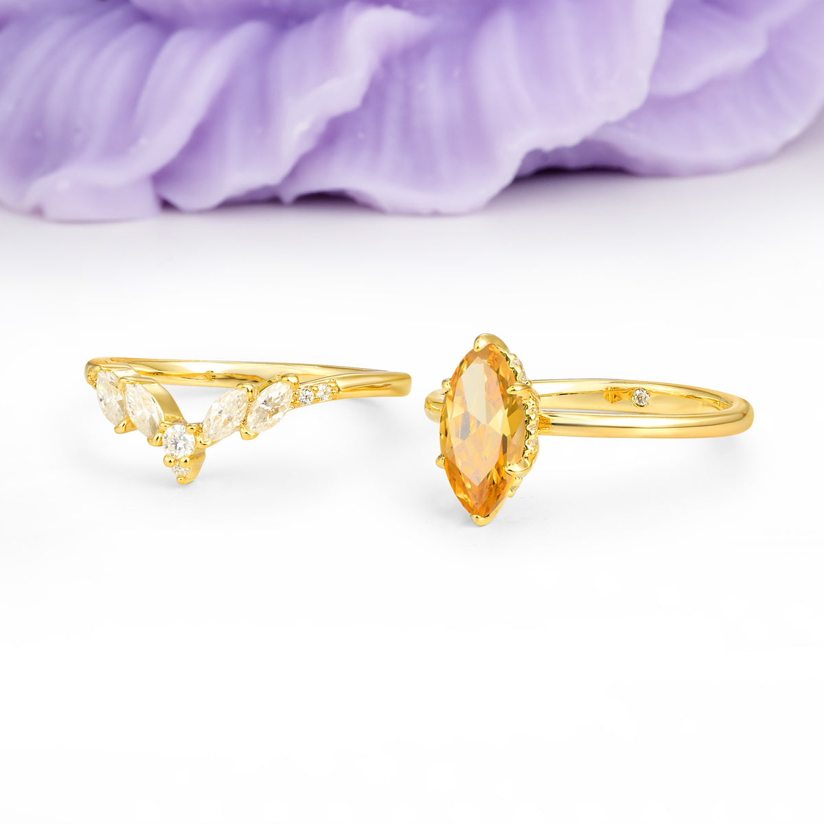Classic, Luxurious 6-Prong Marquise Cut Citrine Bridal Ring Set - Additional view