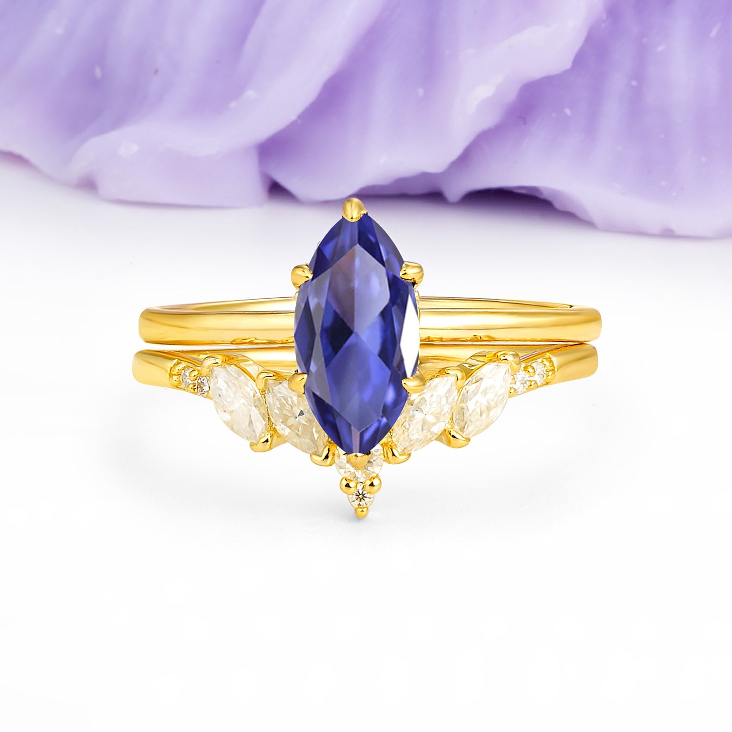 Classic, Luxurious 6-Prong Marquise Cut Tanzanite Bridal Ring Set - Additional view