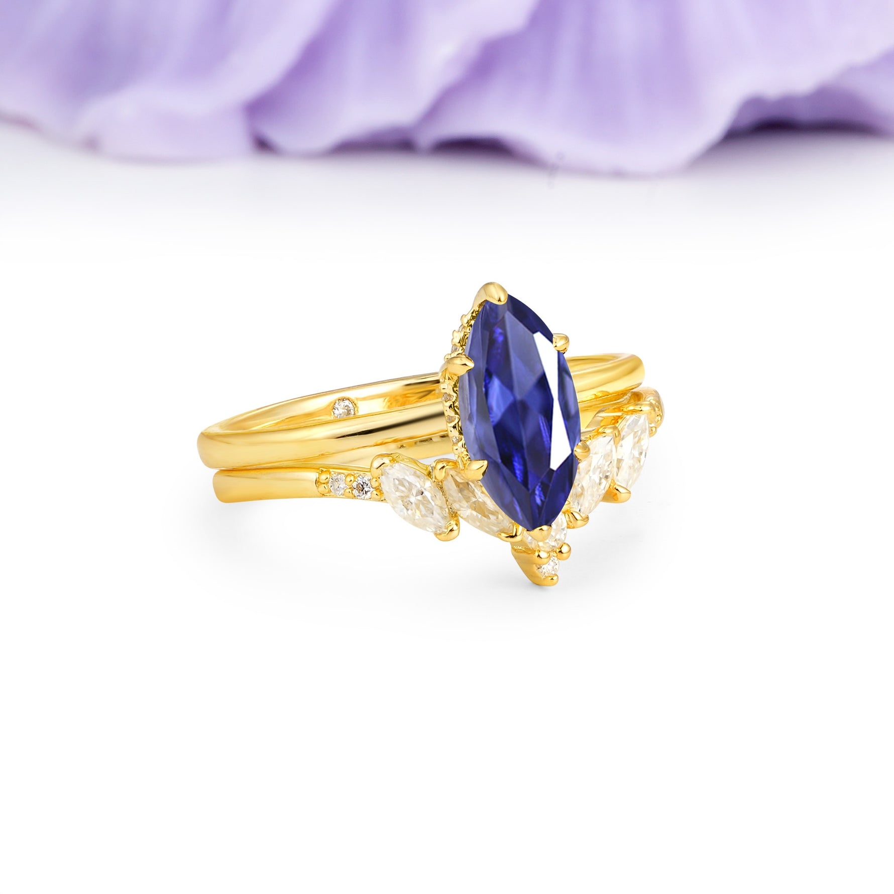 Classic, Luxurious 6-Prong Marquise Cut Tanzanite Bridal Ring Set - Additional view