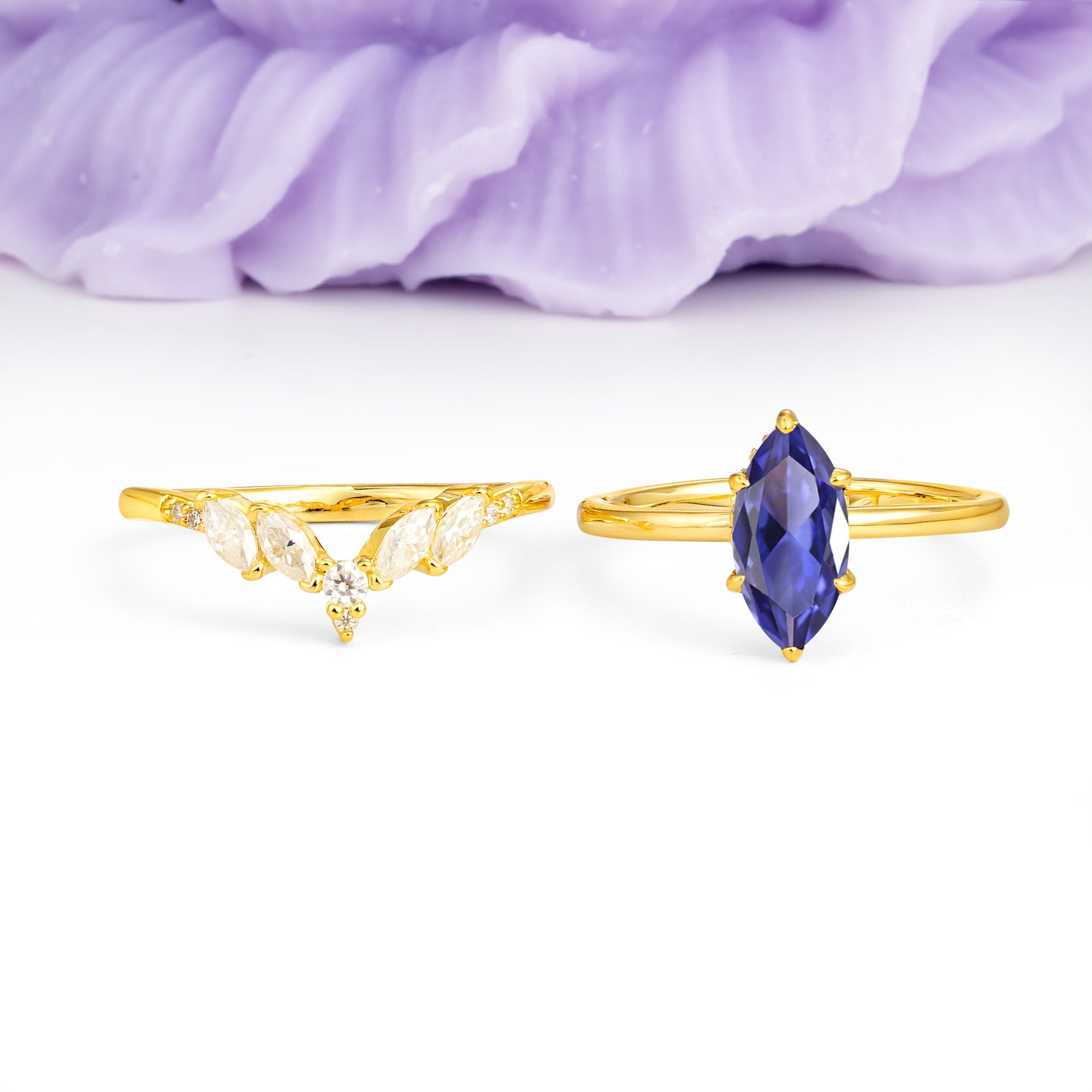 Classic, Luxurious 6-Prong Marquise Cut Tanzanite Bridal Ring Set - Additional view