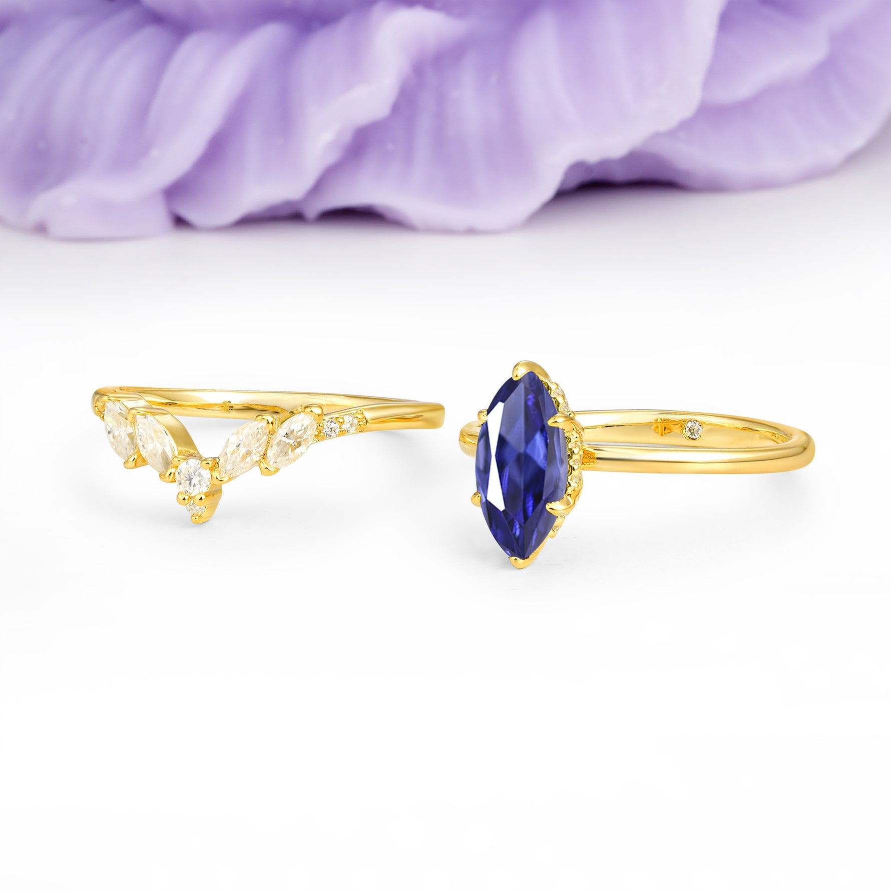 Classic, Luxurious 6-Prong Marquise Cut Tanzanite Bridal Ring Set - Additional view