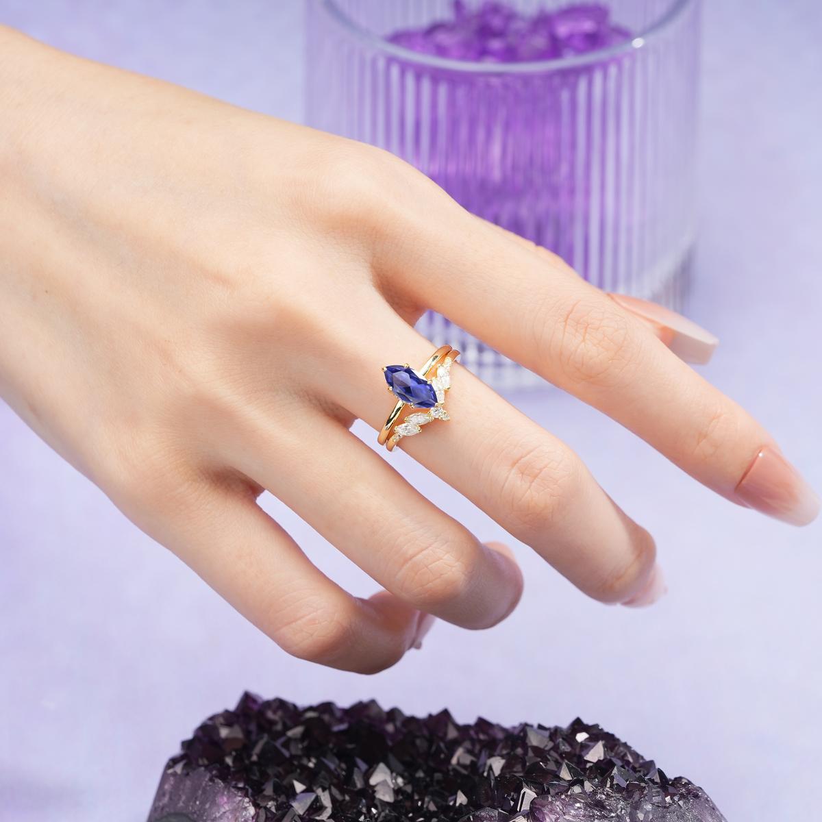 Classic, Luxurious 6-Prong Marquise Cut Tanzanite Bridal Ring Set