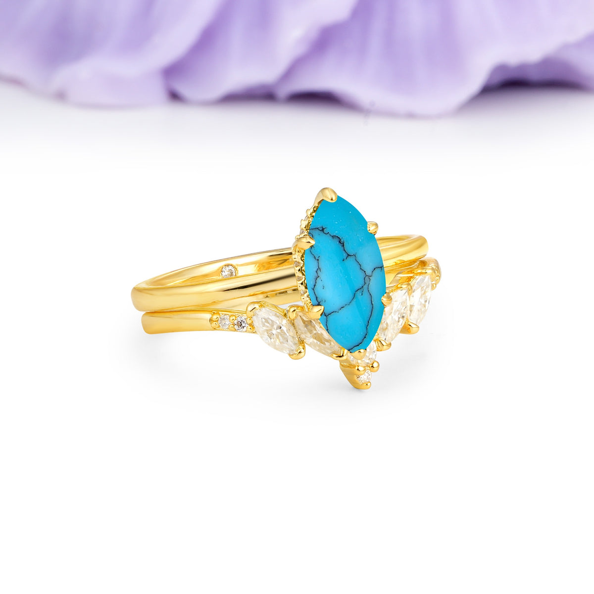Classic, Luxurious 6-Prong Marquise Cut Turquoise Bridal Ring Set - Additional view