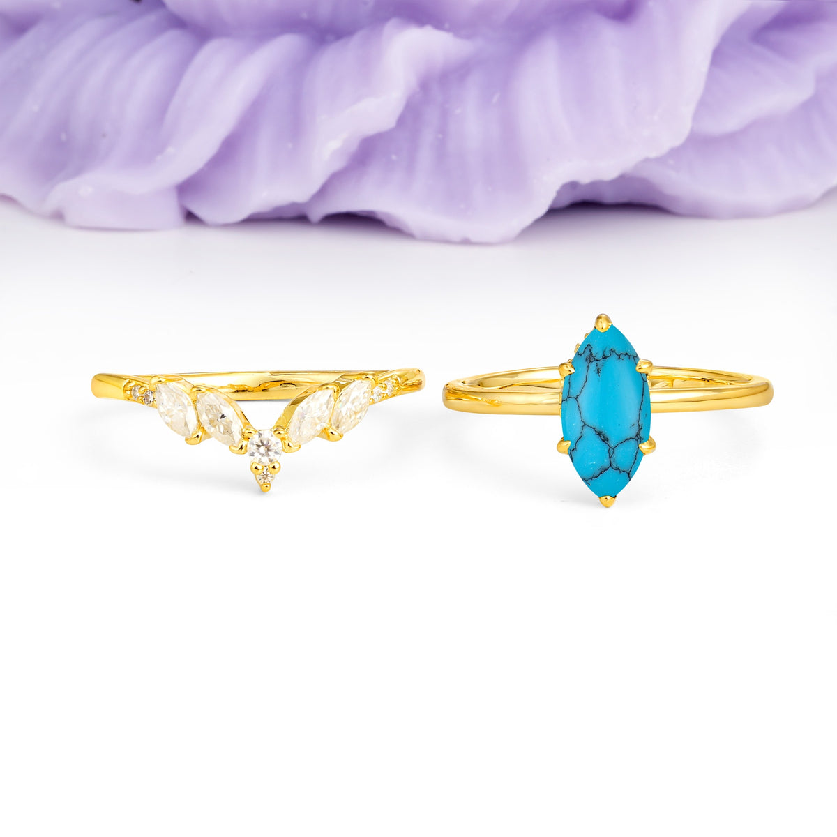 Classic, Luxurious 6-Prong Marquise Cut Turquoise Bridal Ring Set - Additional view