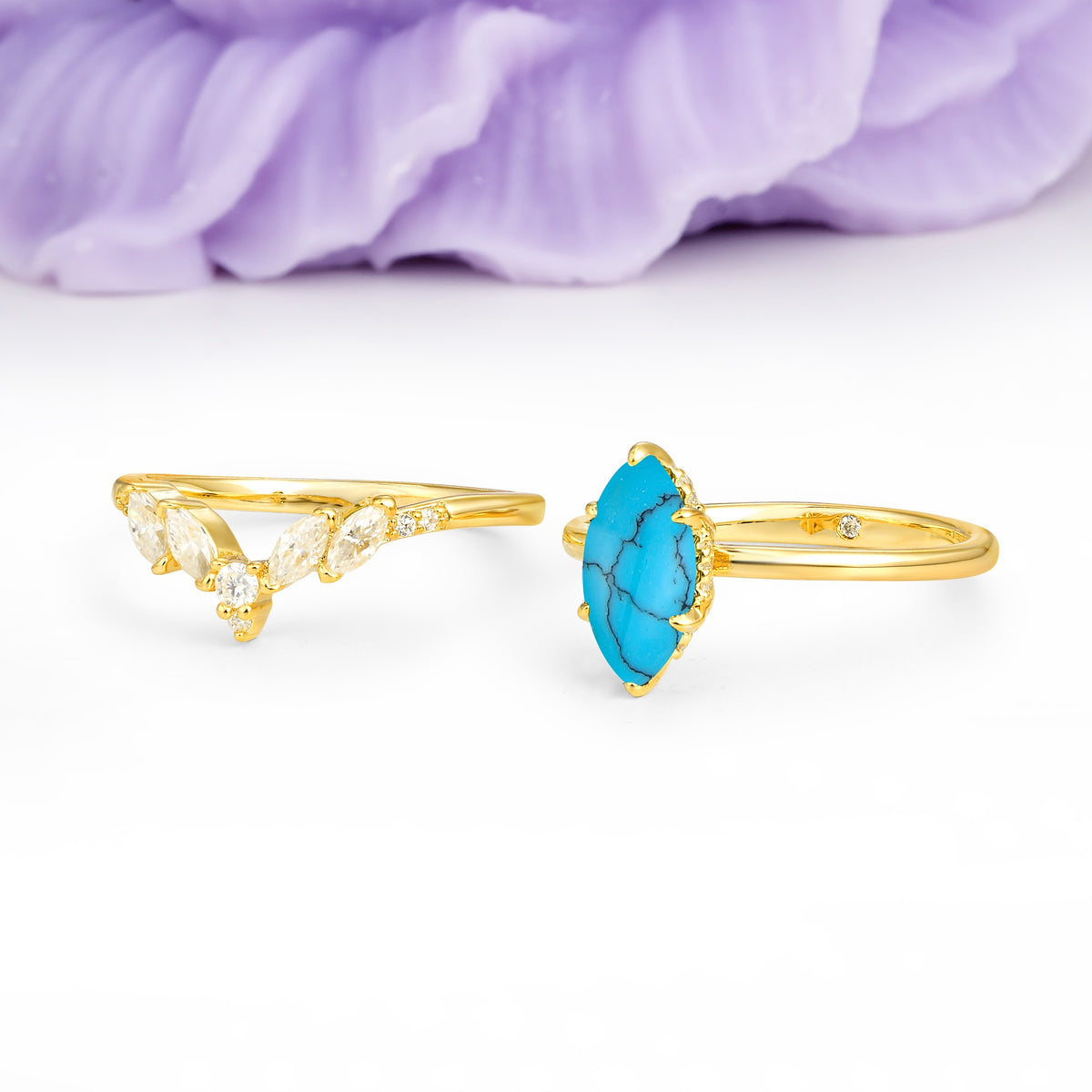 Classic, Luxurious 6-Prong Marquise Cut Turquoise Bridal Ring Set - Additional view