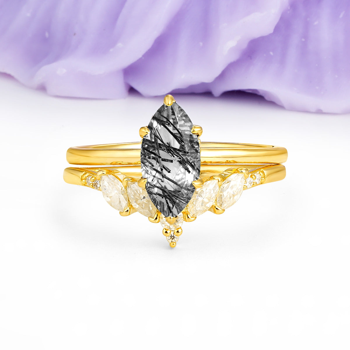 Classic, Luxurious 6-Prong Marquise Cut Black Rutilated Quartz Bridal Ring Set - Additional view