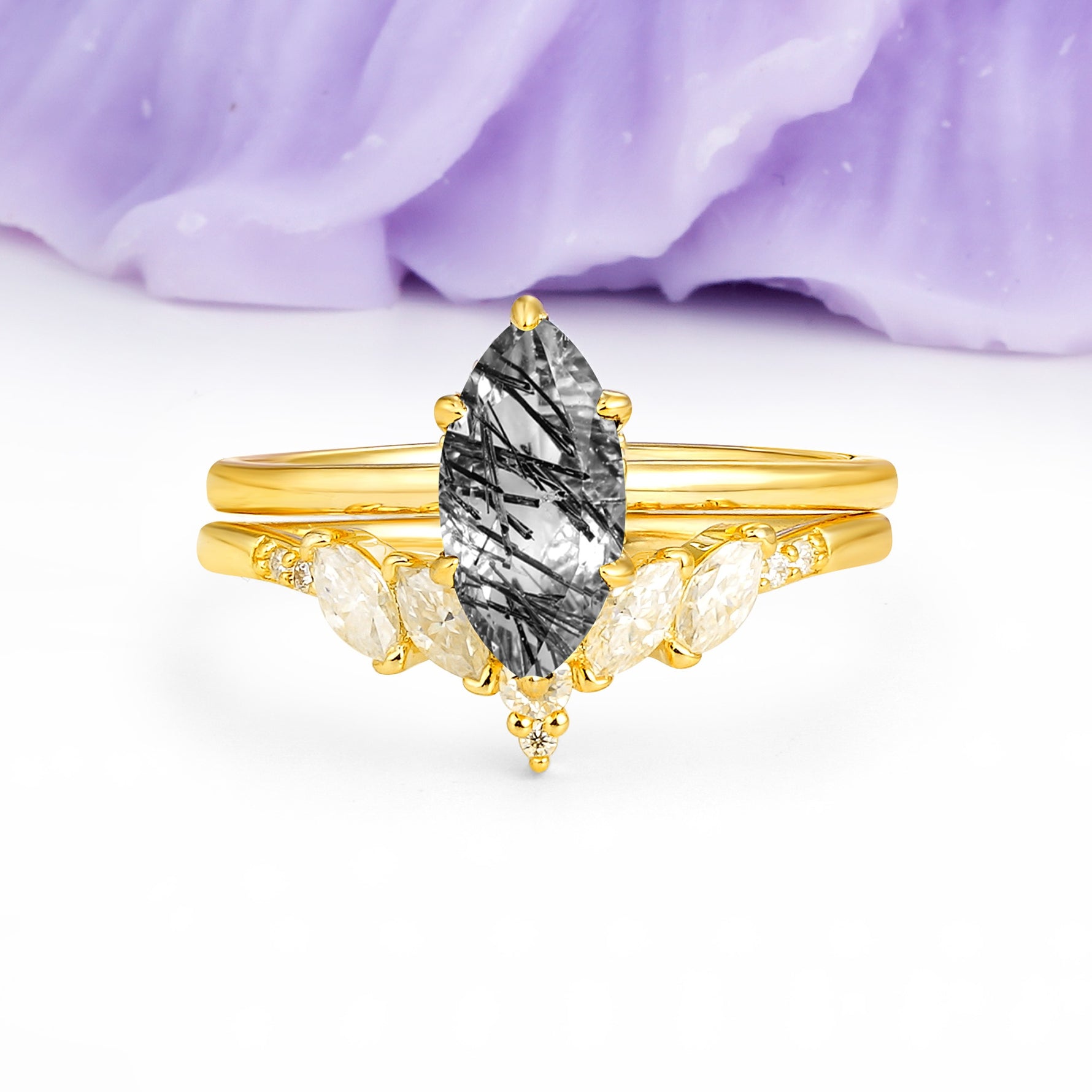 Classic, Luxurious 6-Prong Marquise Cut Black Rutilated Quartz Bridal Ring Set - Additional view