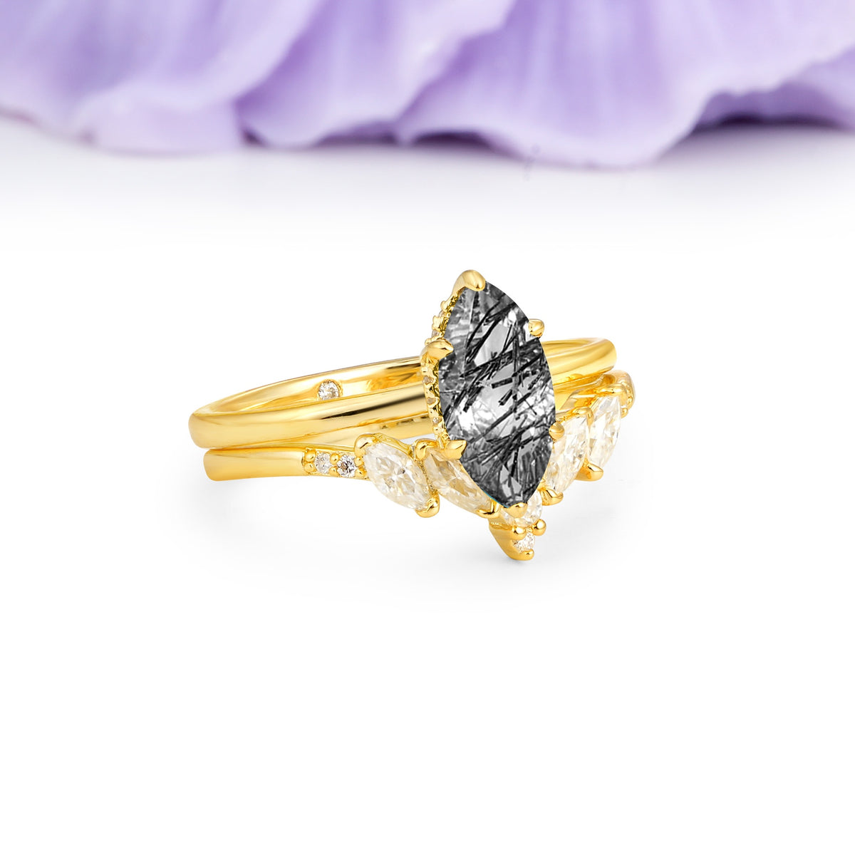 Classic, Luxurious 6-Prong Marquise Cut Black Rutilated Quartz Bridal Ring Set - Additional view