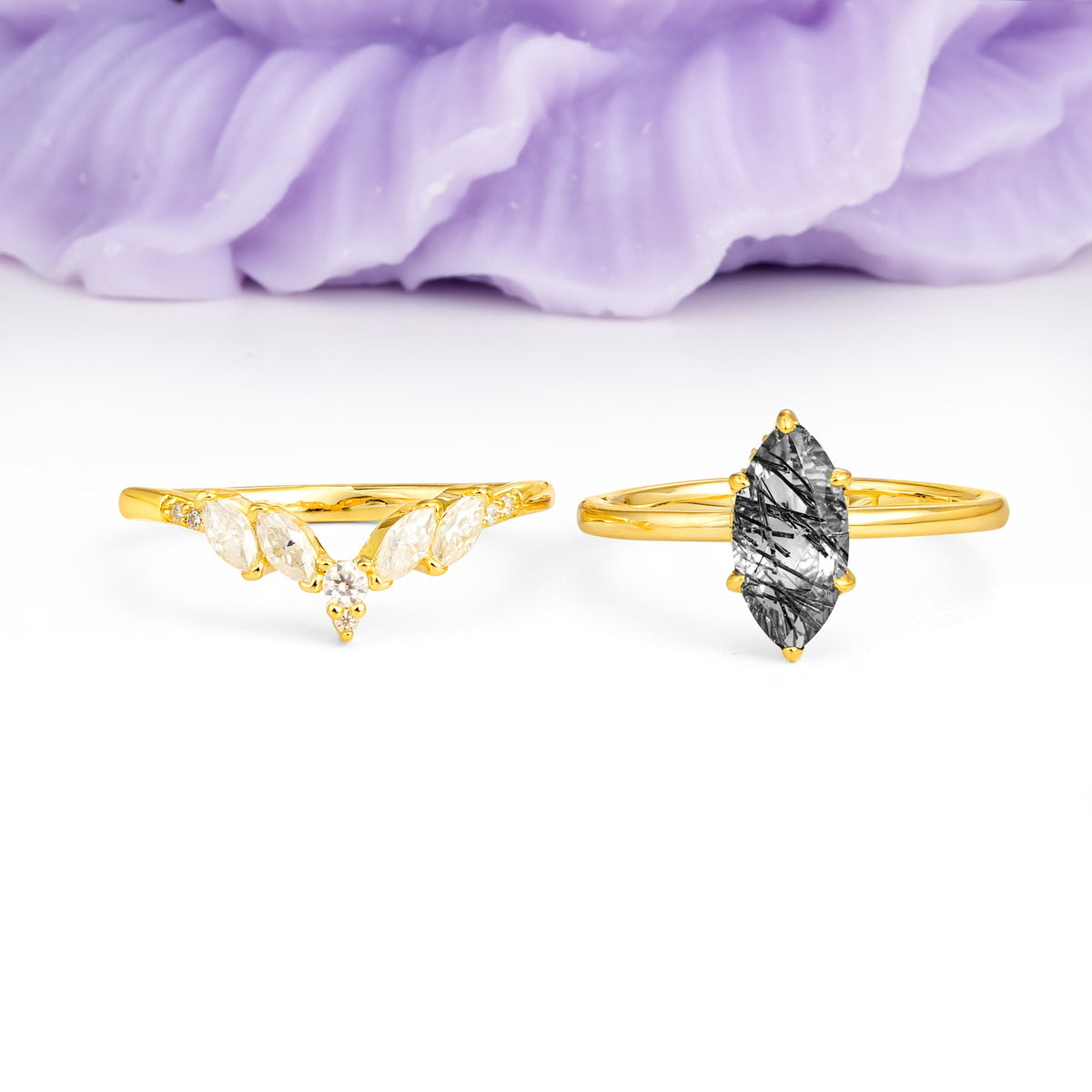 Classic, Luxurious 6-Prong Marquise Cut Black Rutilated Quartz Bridal Ring Set - Additional view