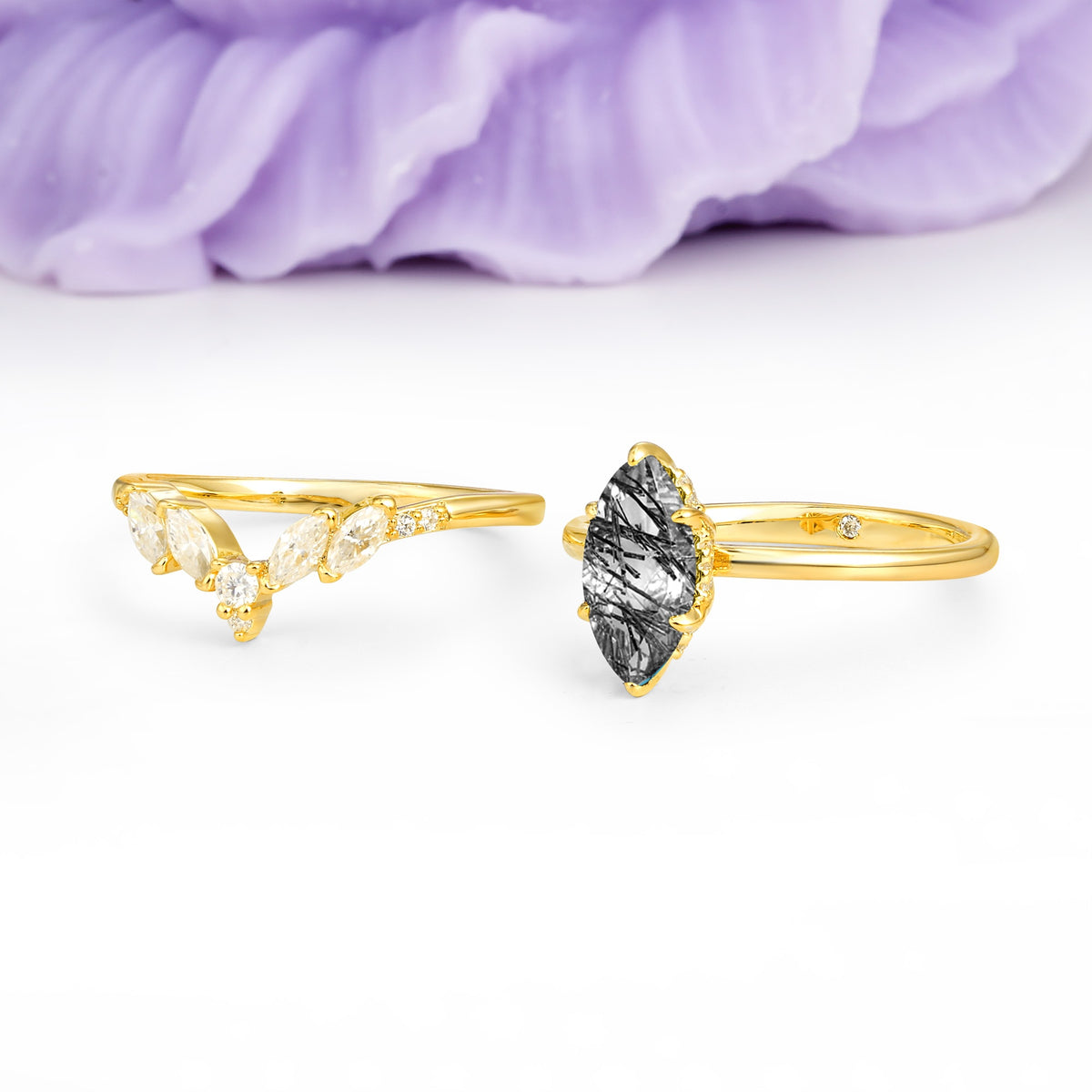 Classic, Luxurious 6-Prong Marquise Cut Black Rutilated Quartz Bridal Ring Set - Additional view