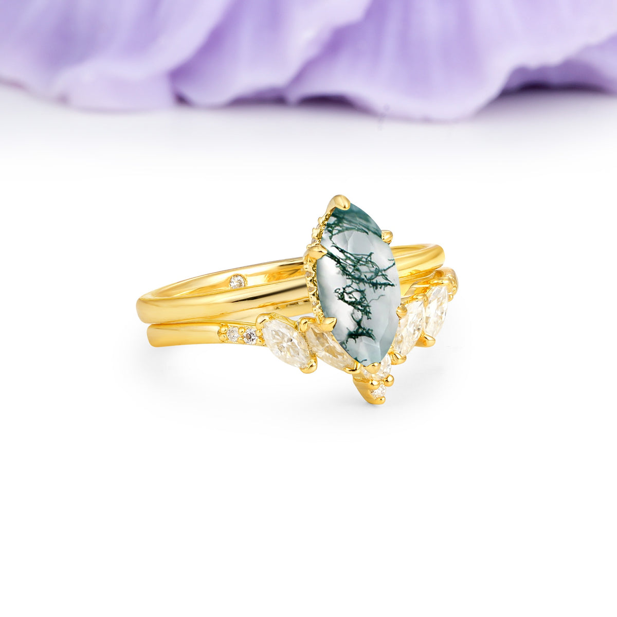 Classic, Luxurious 6-Prong Marquise Cut Moss Agate Bridal Ring Set - Additional view