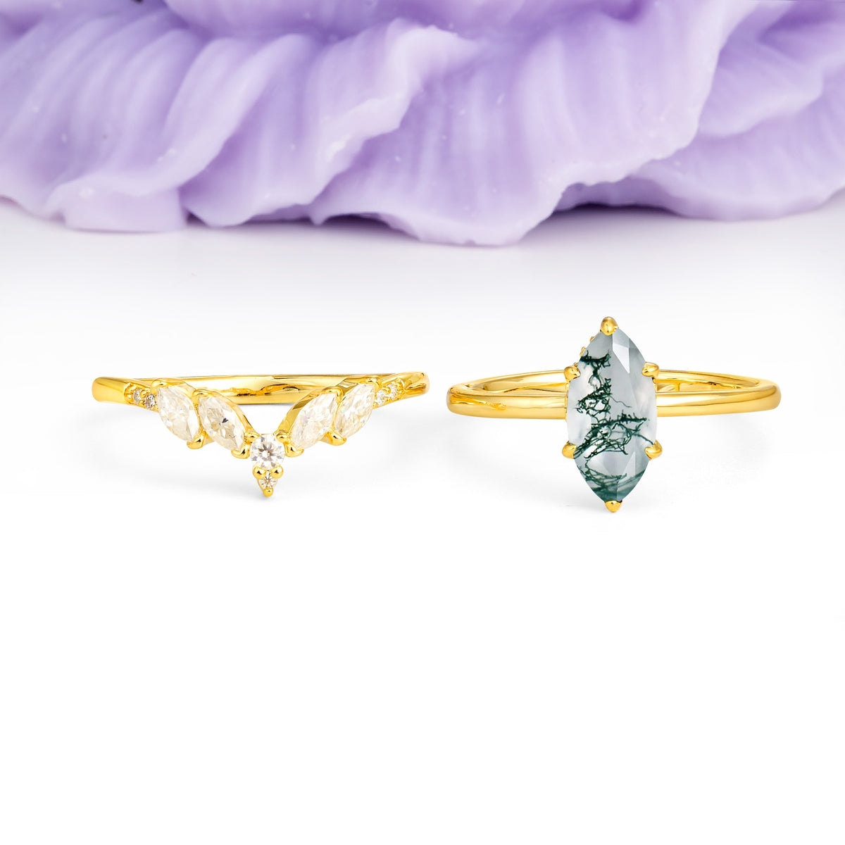 Classic, Luxurious 6-Prong Marquise Cut Moss Agate Bridal Ring Set - Additional view