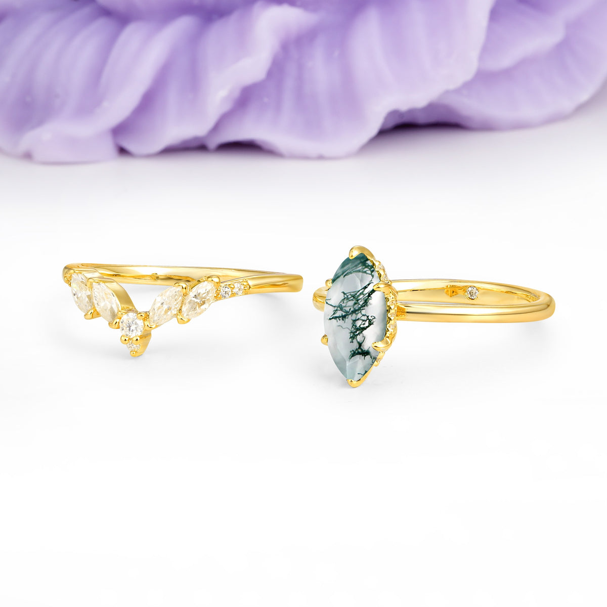 Classic, Luxurious 6-Prong Marquise Cut Moss Agate Bridal Ring Set - Additional view