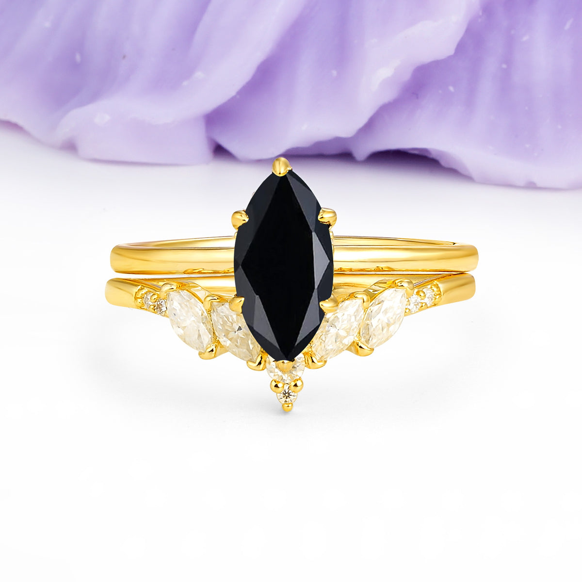Classic, Luxurious 6-Prong Marquise Cut Black Onyx Bridal Ring Set - Additional view