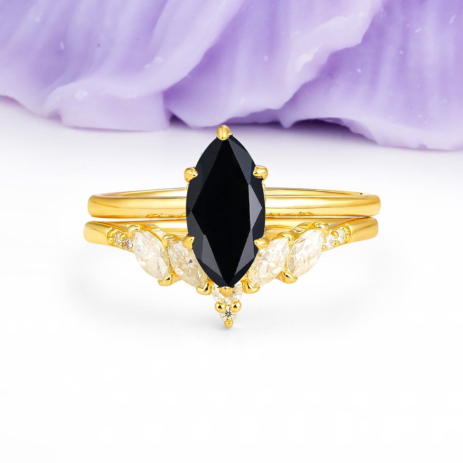 Classic, Luxurious 6-Prong Marquise Cut Black Onyx Bridal Ring Set - Additional view