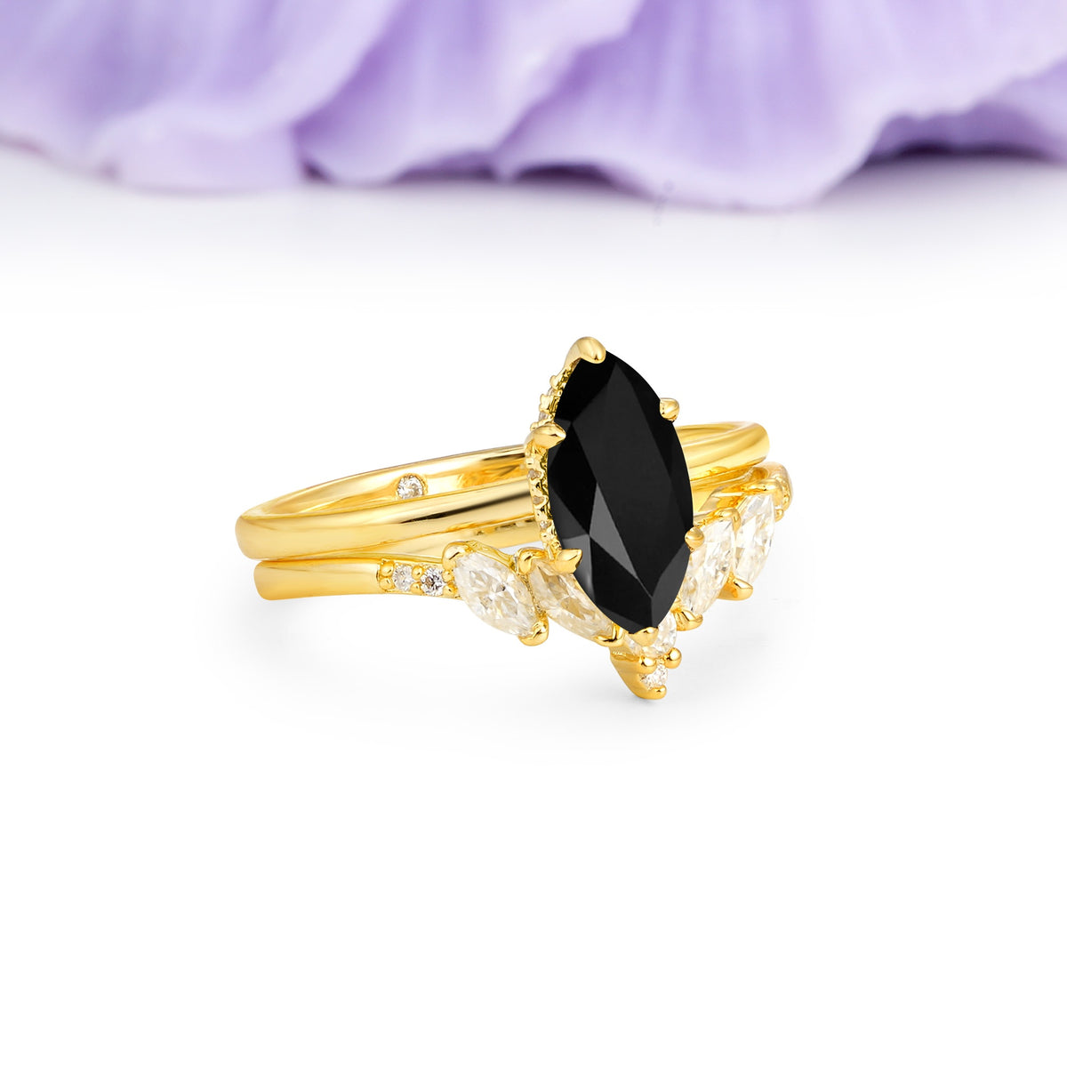 Classic, Luxurious 6-Prong Marquise Cut Black Onyx Bridal Ring Set - Additional view