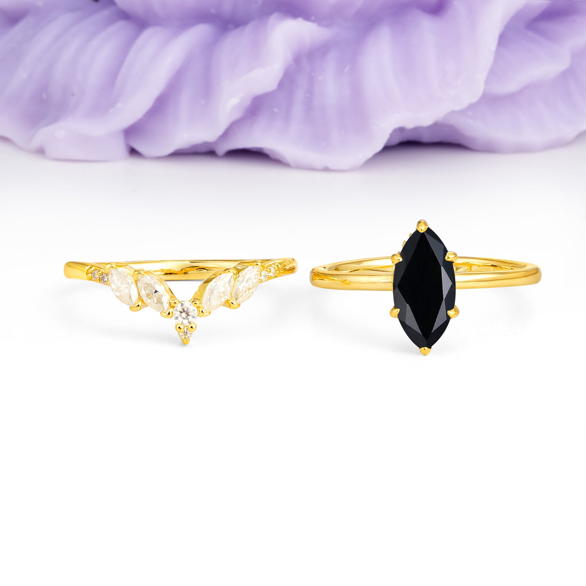 Classic, Luxurious 6-Prong Marquise Cut Black Onyx Bridal Ring Set - Additional view