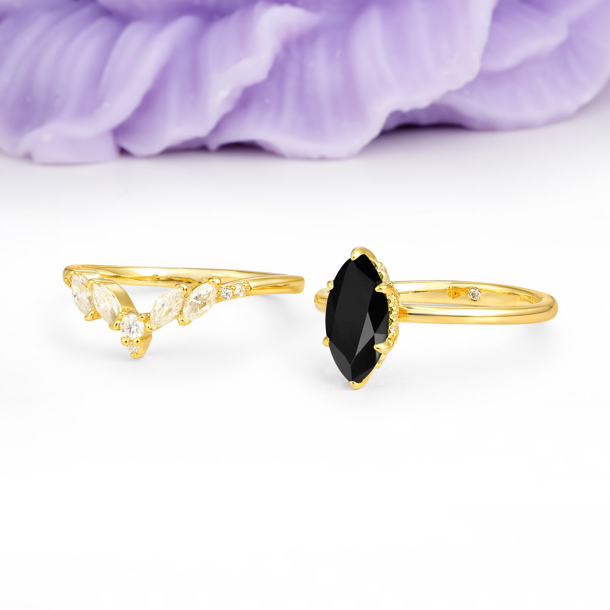 Classic, Luxurious 6-Prong Marquise Cut Black Onyx Bridal Ring Set - Additional view