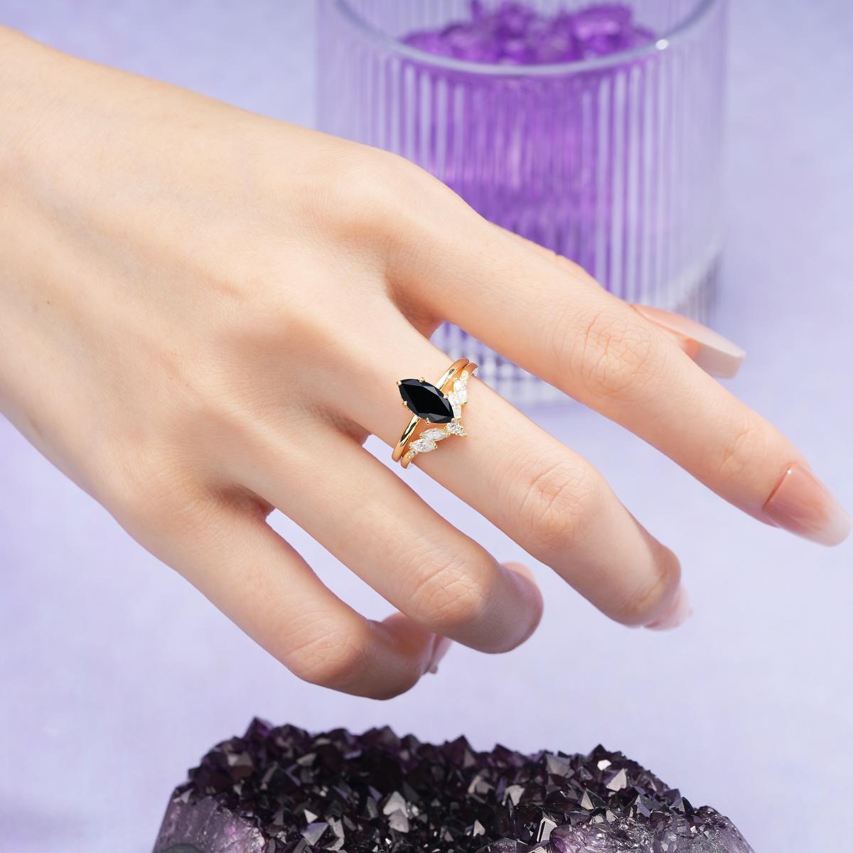 Classic, Luxurious 6-Prong Marquise Cut Black Onyx Bridal Ring Set