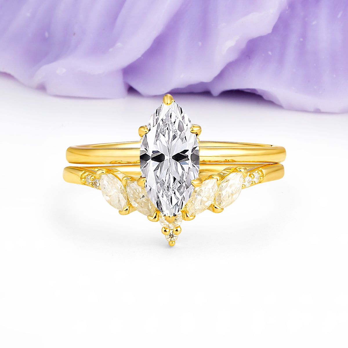 Classic, Luxurious 6-Prong Marquise Cut Lab Diamond Bridal Ring Set - Additional view