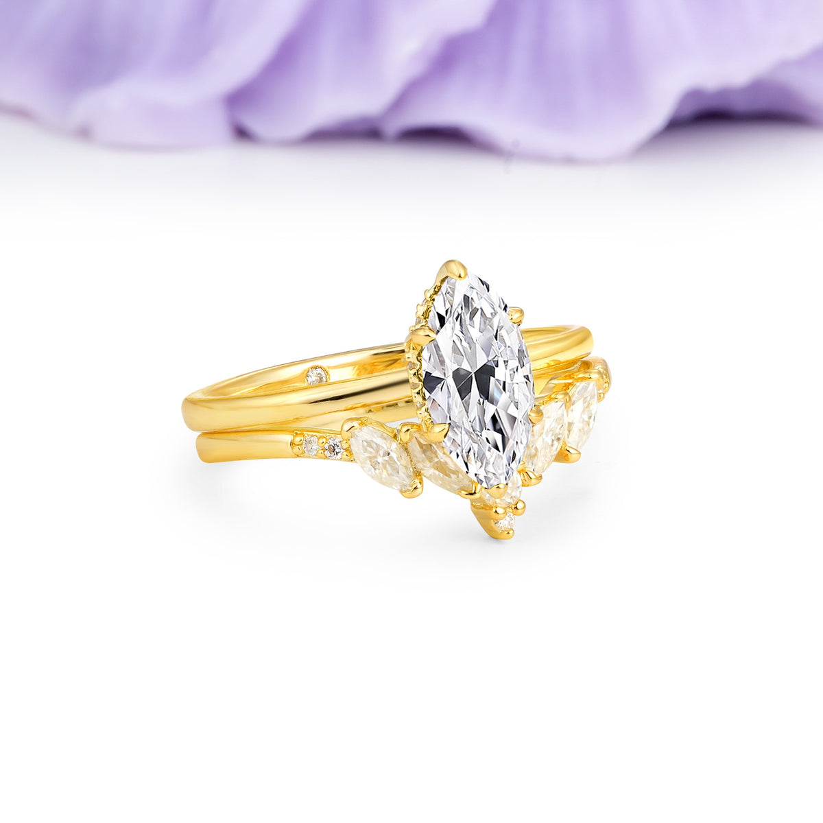 Classic, Luxurious 6-Prong Marquise Cut Lab Diamond Bridal Ring Set - Additional view