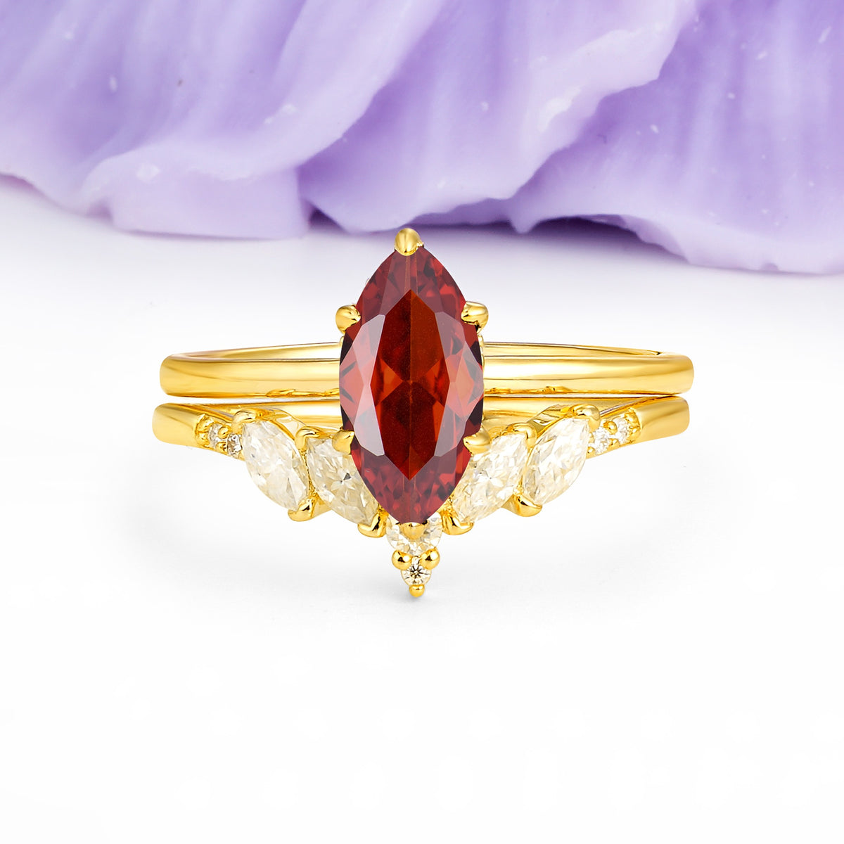 Classic, Luxurious 6-Prong Marquise Cut Garnet Bridal Ring Set - Additional view