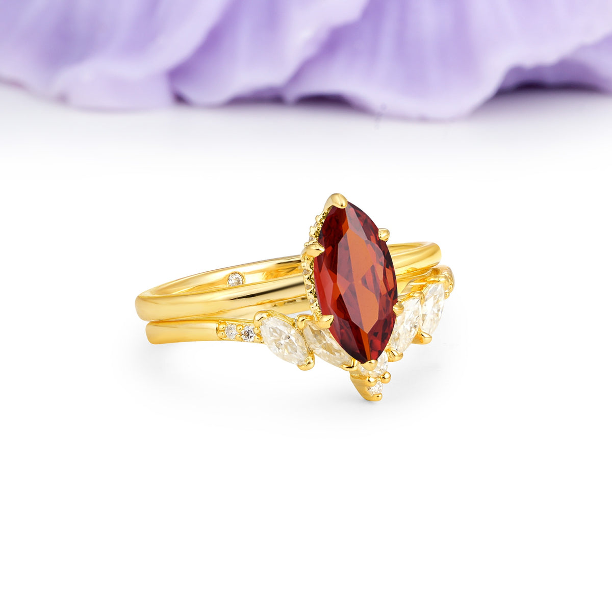 Classic, Luxurious 6-Prong Marquise Cut Garnet Bridal Ring Set - Additional view