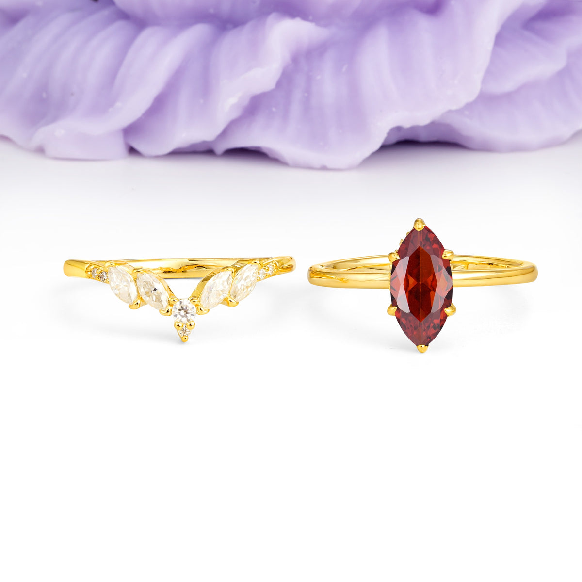 Classic, Luxurious 6-Prong Marquise Cut Garnet Bridal Ring Set - Additional view
