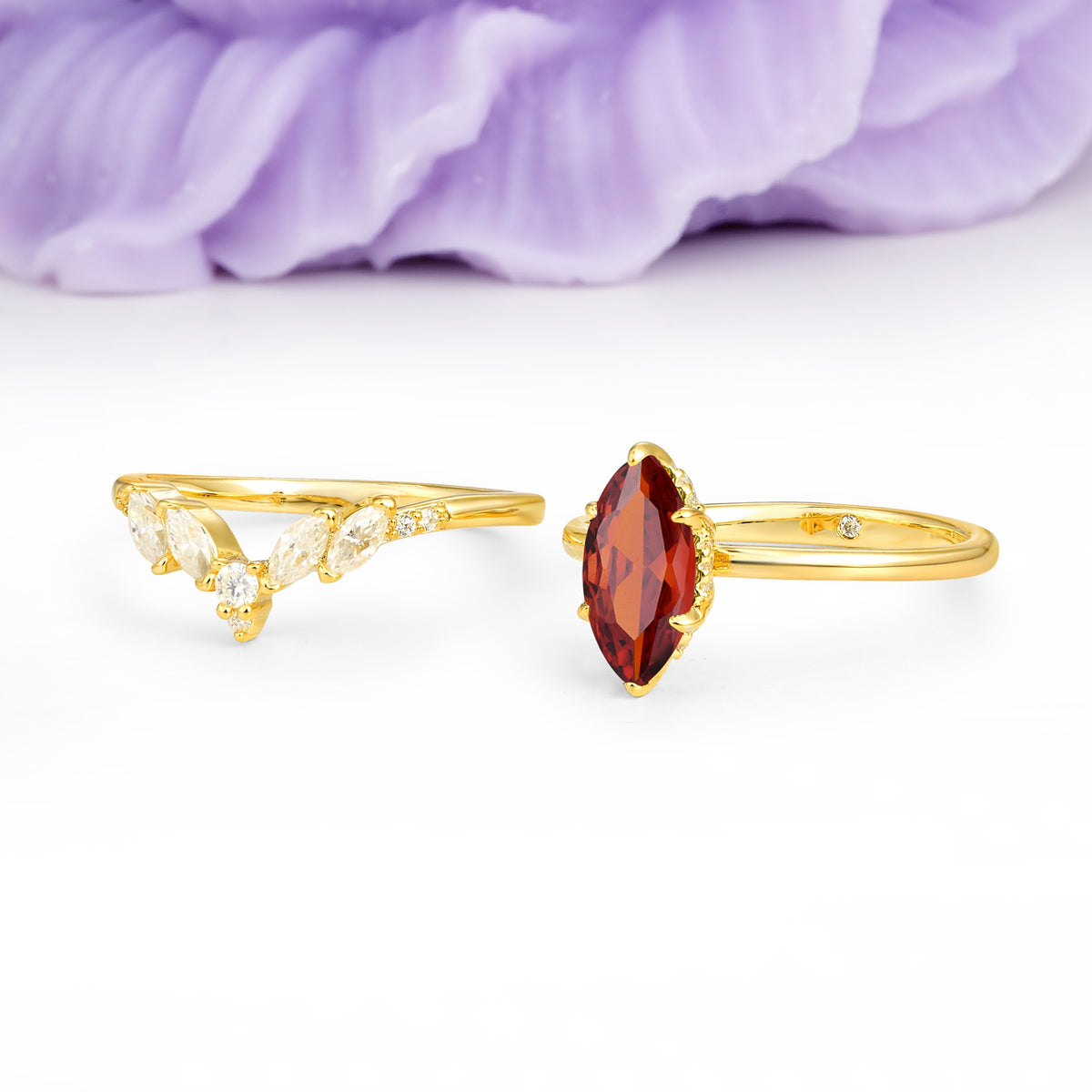 Classic, Luxurious 6-Prong Marquise Cut Garnet Bridal Ring Set - Additional view