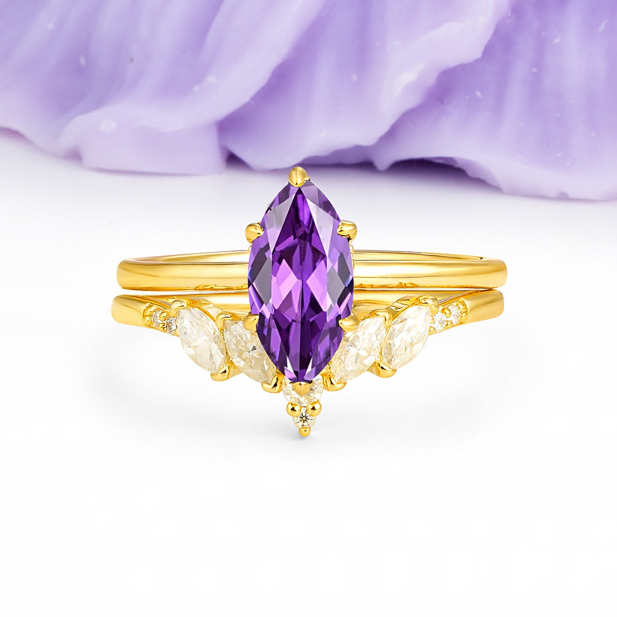 Classic, Luxurious 6-Prong Marquise Cut Amethyst Bridal Ring Set - Additional view