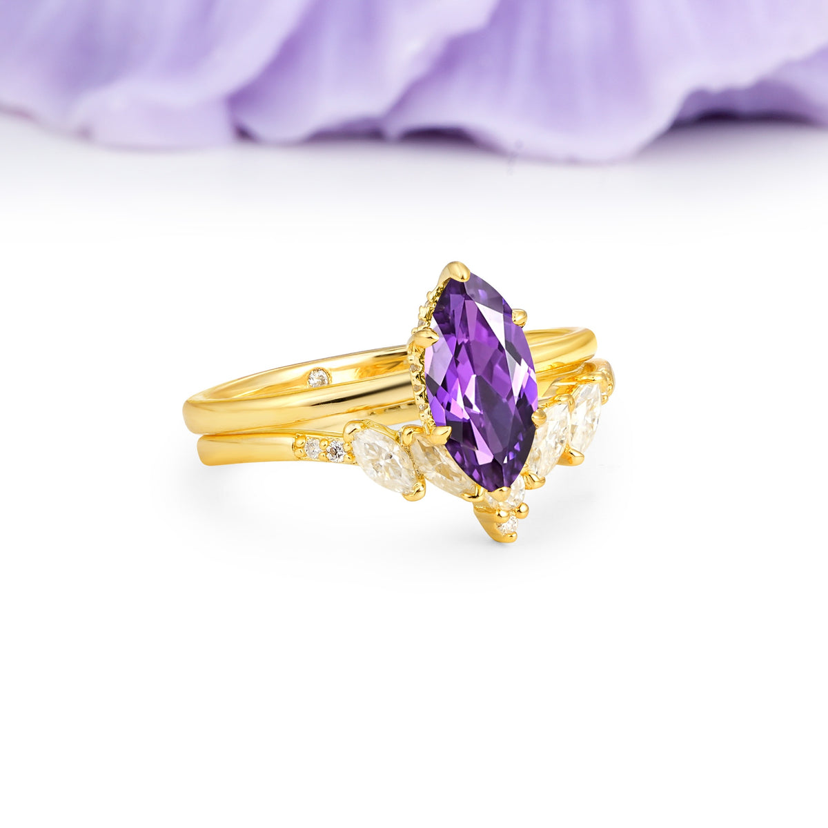 Classic, Luxurious 6-Prong Marquise Cut Amethyst Bridal Ring Set - Additional view