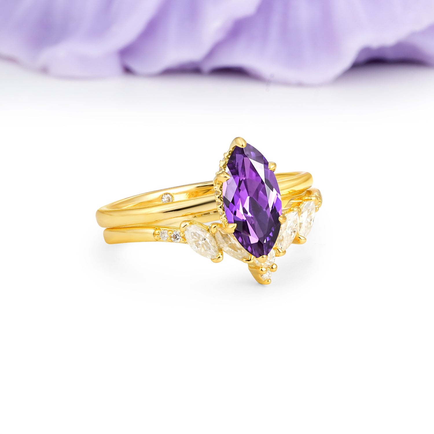 Classic, Luxurious 6-Prong Marquise Cut Amethyst Bridal Ring Set - Additional view