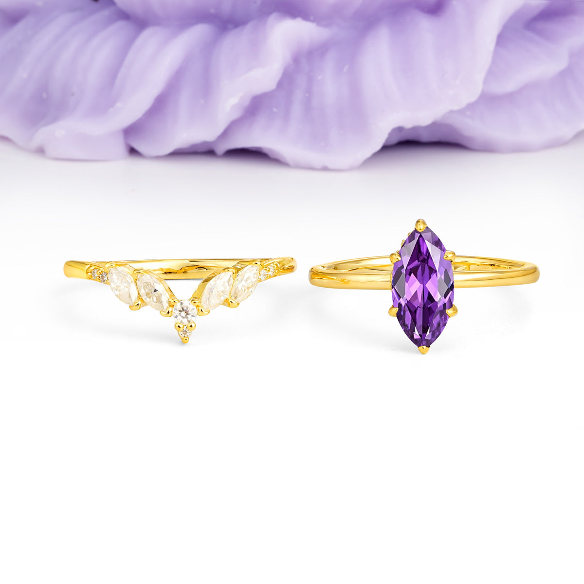 Classic, Luxurious 6-Prong Marquise Cut Amethyst Bridal Ring Set - Additional view