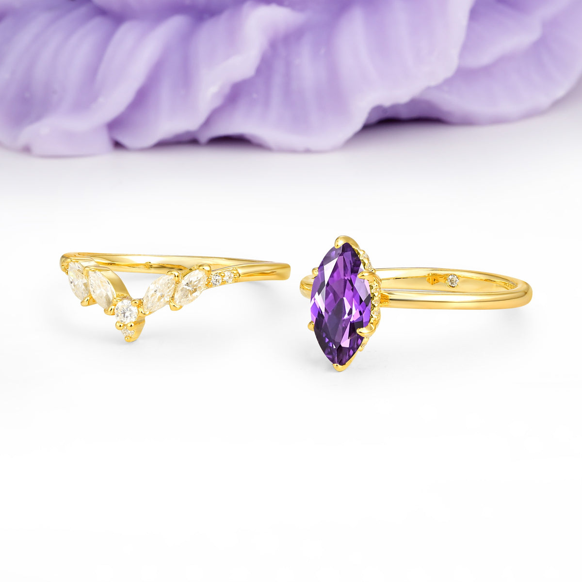 Classic, Luxurious 6-Prong Marquise Cut Amethyst Bridal Ring Set - Additional view