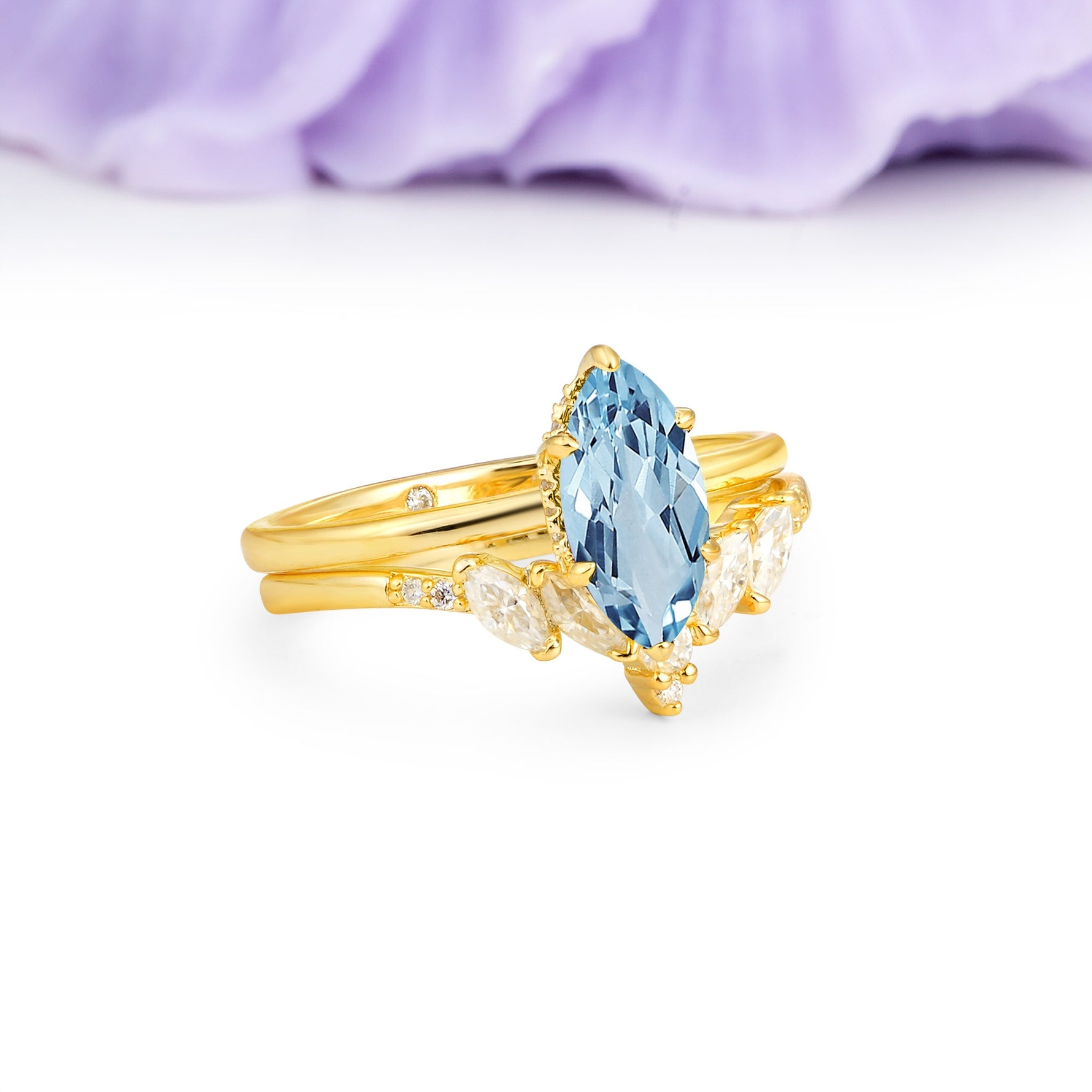Classic, Luxurious 6-Prong Marquise Cut Aquamarine Bridal Ring Set - Additional view