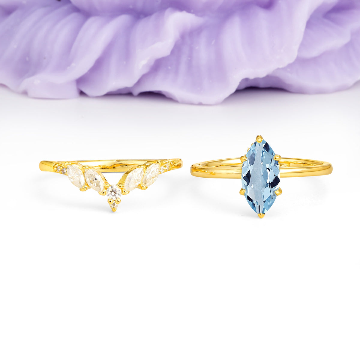 Classic, Luxurious 6-Prong Marquise Cut Aquamarine Bridal Ring Set - Additional view