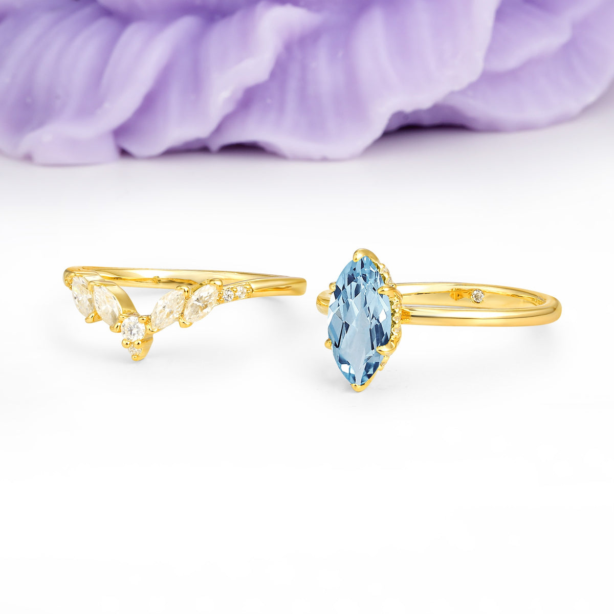 Classic, Luxurious 6-Prong Marquise Cut Aquamarine Bridal Ring Set - Additional view