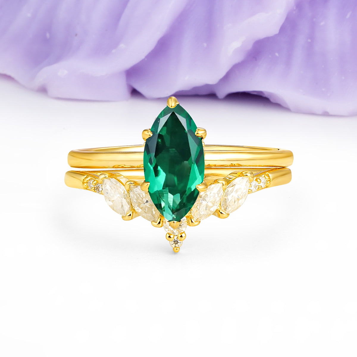 Classic, Luxurious 6-Prong Marquise Cut Emerald Bridal Ring Set - Additional view