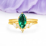 Classic, Luxurious 6-Prong Marquise Cut Emerald Bridal Ring Set - Additional view