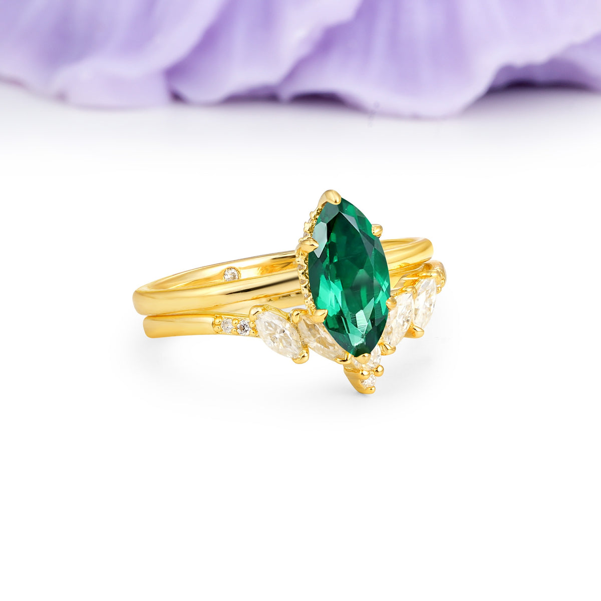 Classic, Luxurious 6-Prong Marquise Cut Emerald Bridal Ring Set - Additional view