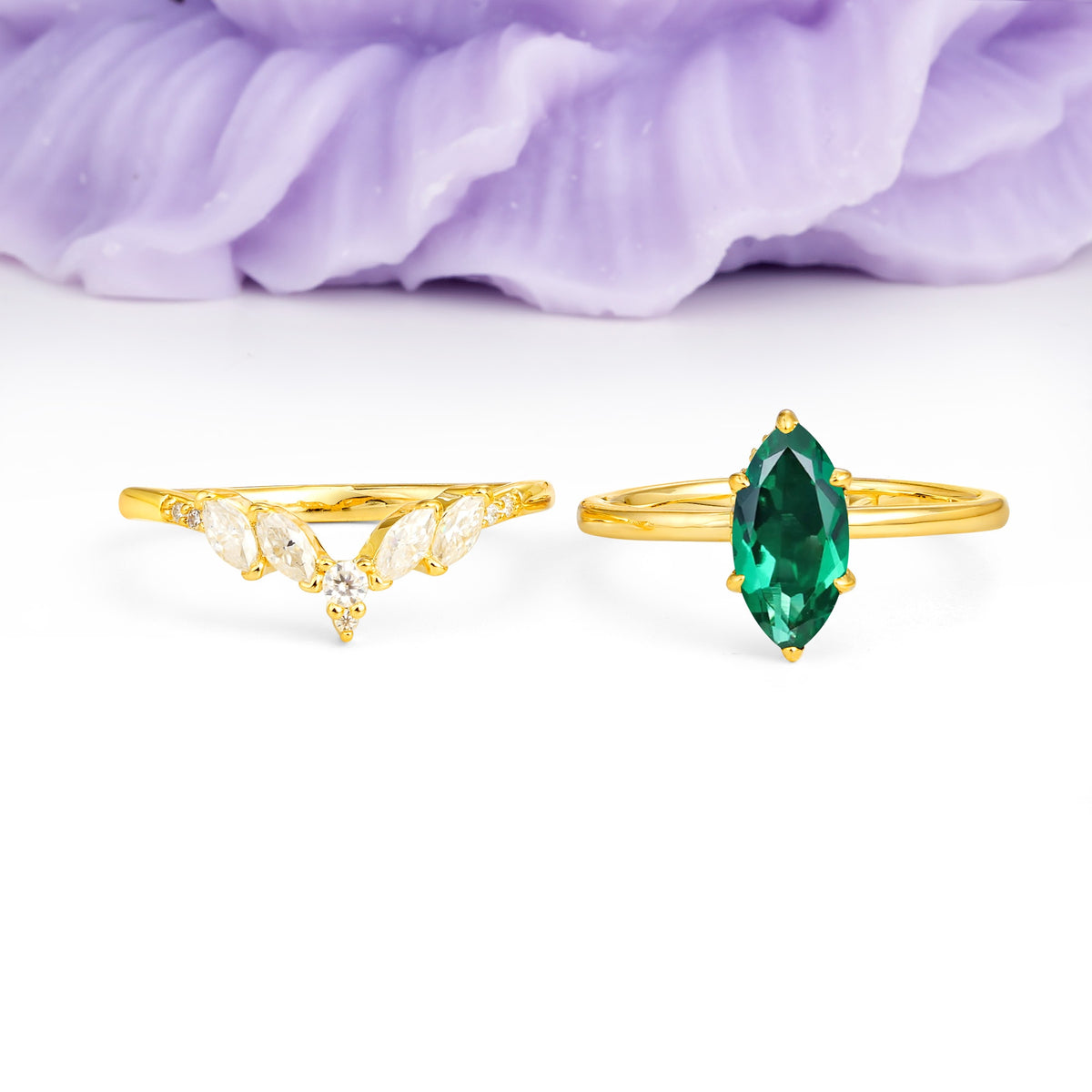 Classic, Luxurious 6-Prong Marquise Cut Emerald Bridal Ring Set - Additional view