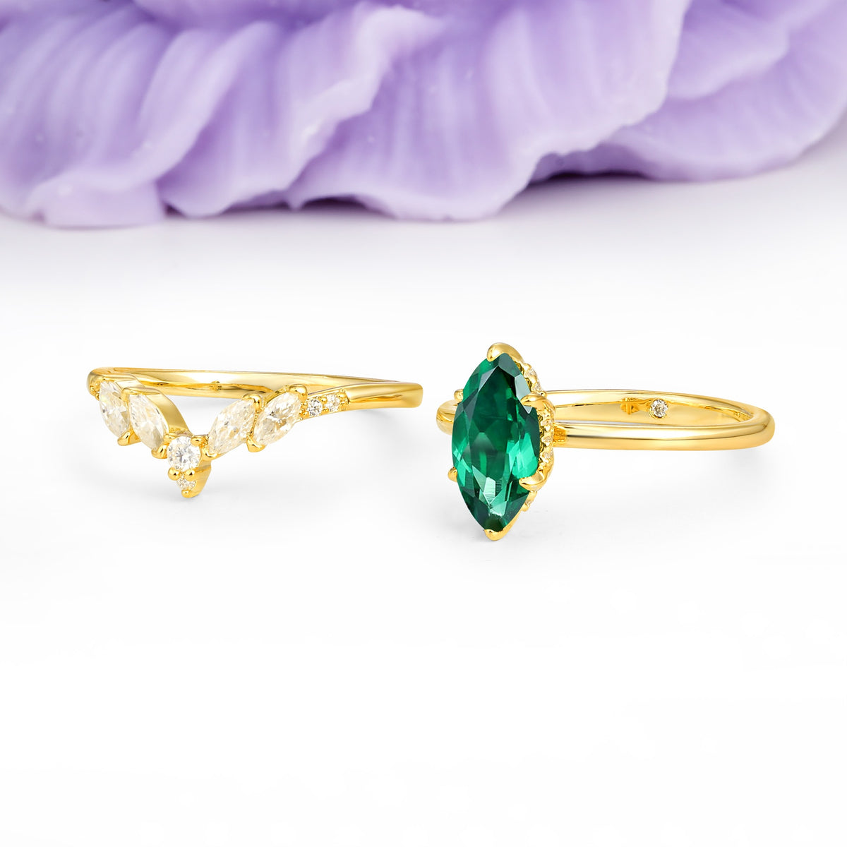 Classic, Luxurious 6-Prong Marquise Cut Emerald Bridal Ring Set - Additional view