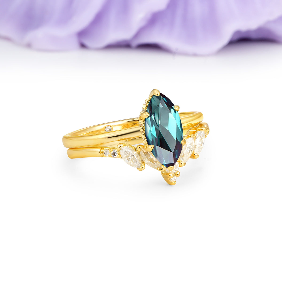 Classic, Luxurious 6-Prong Marquise Cut Alexandrite Bridal Ring Set - Additional view