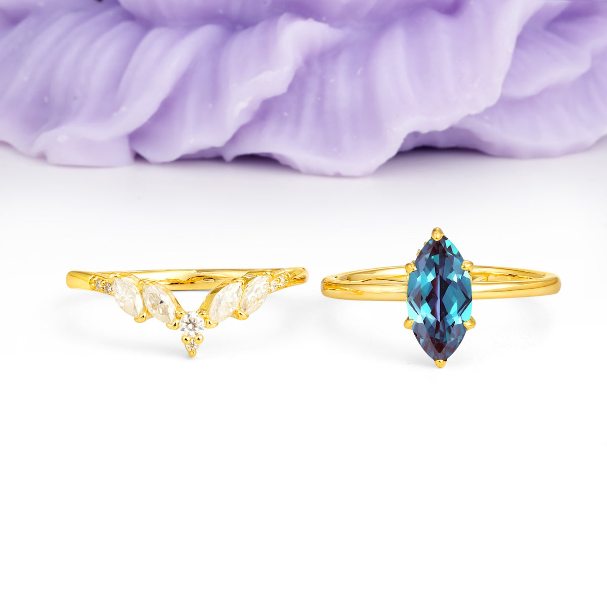 Classic, Luxurious 6-Prong Marquise Cut Alexandrite Bridal Ring Set - Additional view