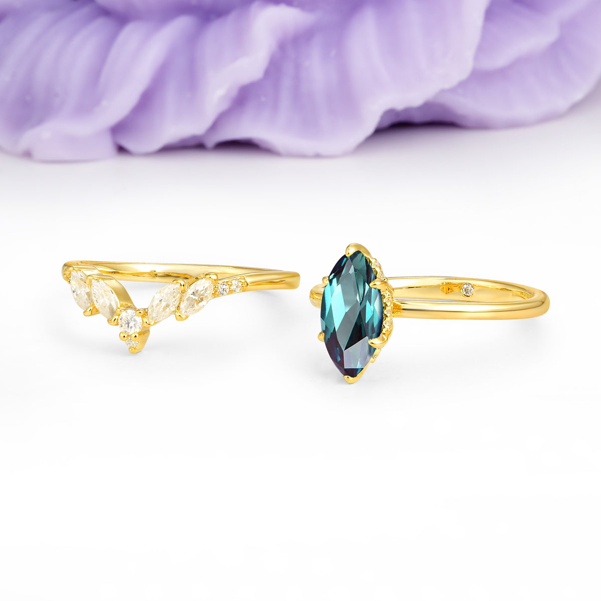 Classic, Luxurious 6-Prong Marquise Cut Alexandrite Bridal Ring Set - Additional view