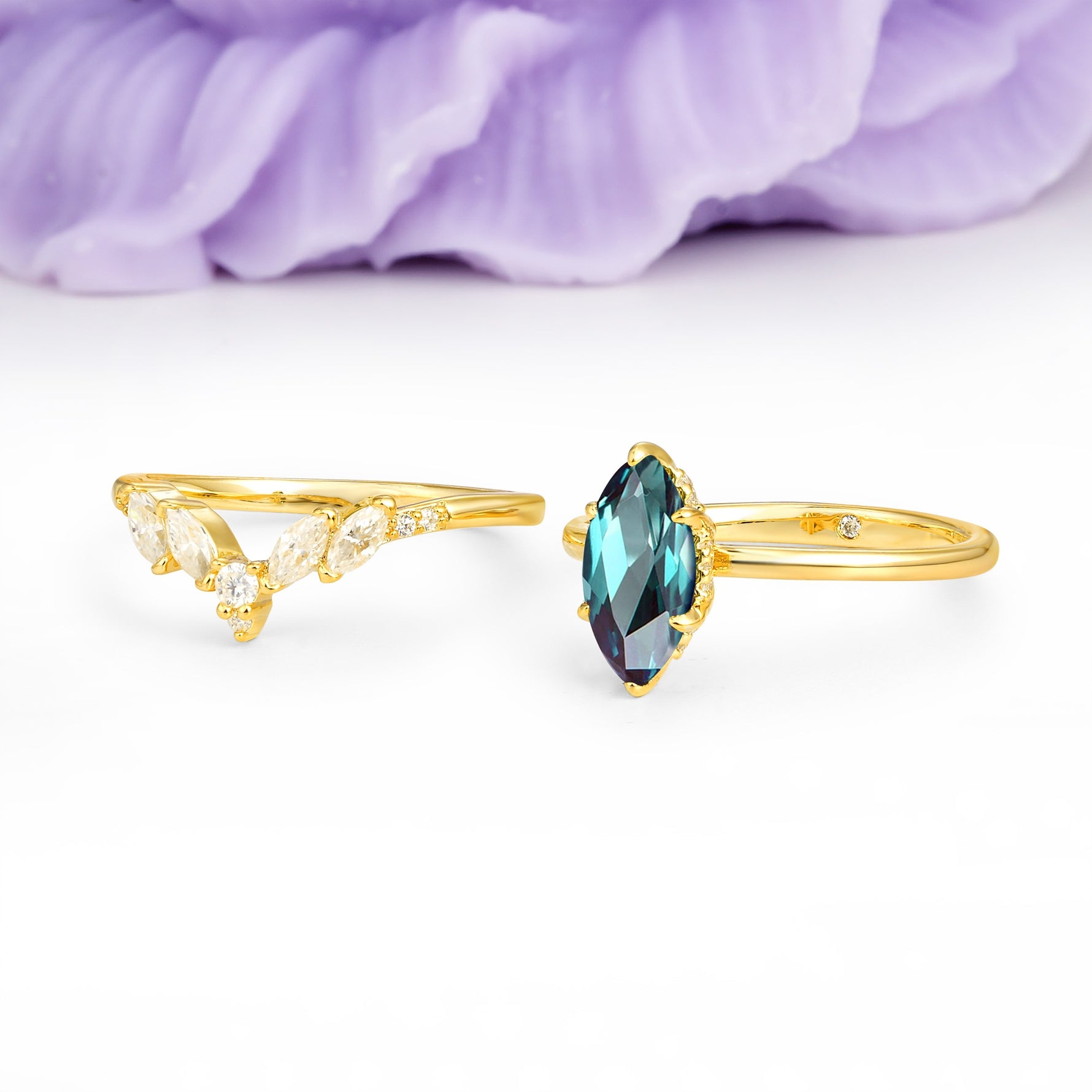 Classic, Luxurious 6-Prong Marquise Cut Alexandrite Bridal Ring Set - Additional view