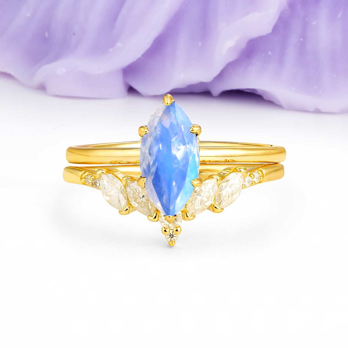 Classic, Luxurious 6-Prong Marquise Cut Moonstone Bridal Ring Set - Additional view