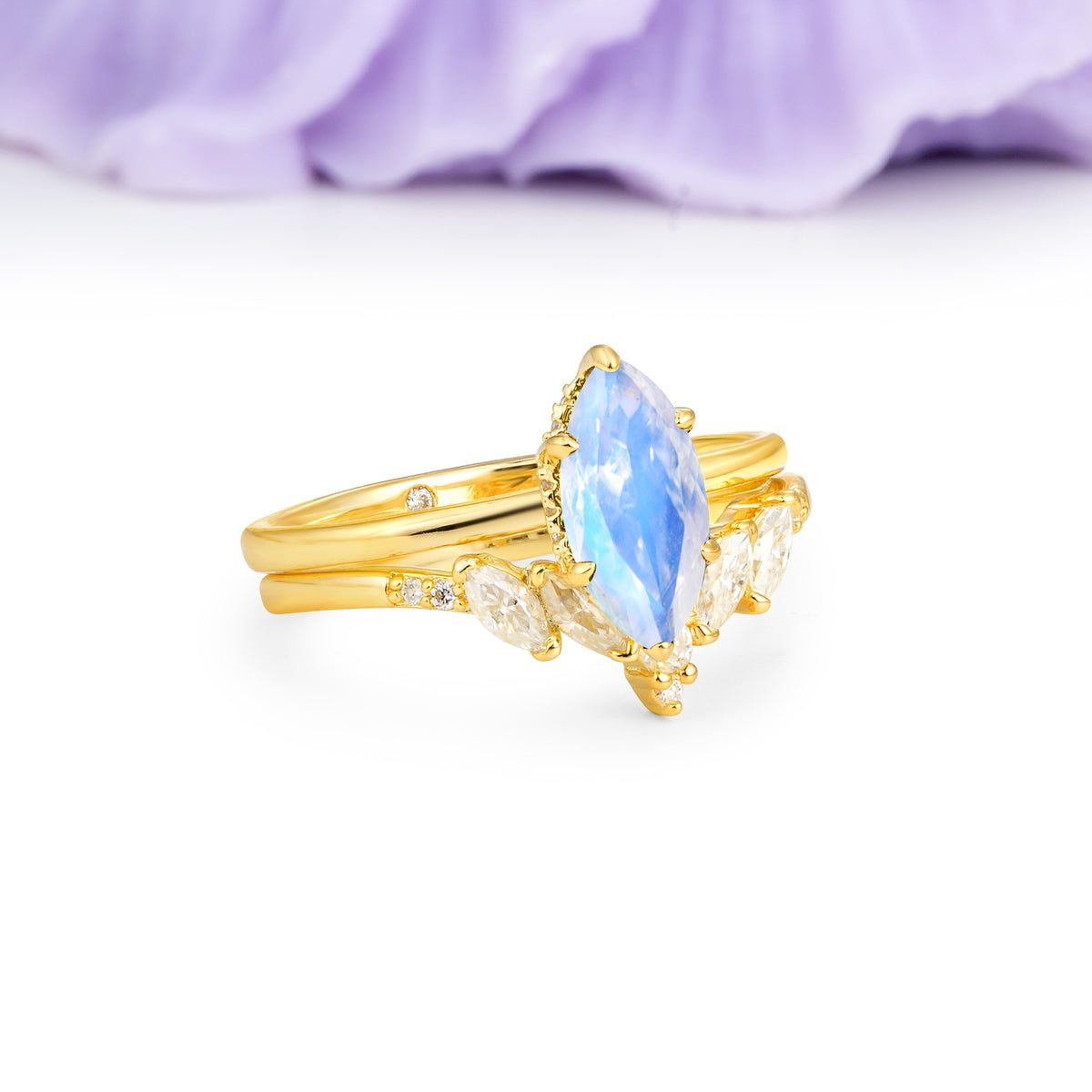 Classic, Luxurious 6-Prong Marquise Cut Moonstone Bridal Ring Set - Additional view