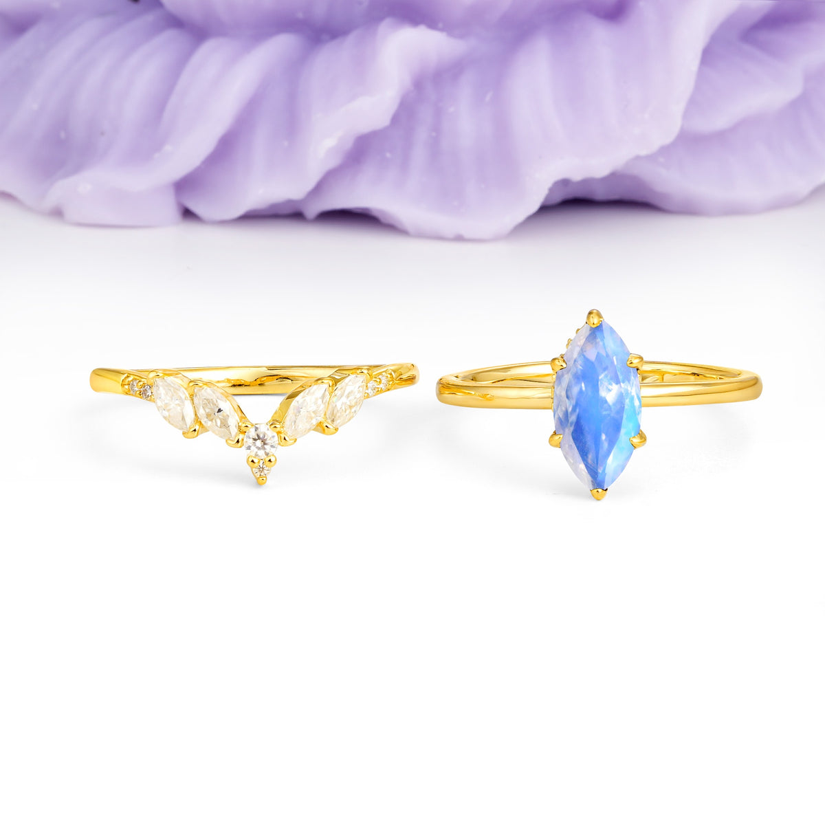 Classic, Luxurious 6-Prong Marquise Cut Moonstone Bridal Ring Set - Additional view
