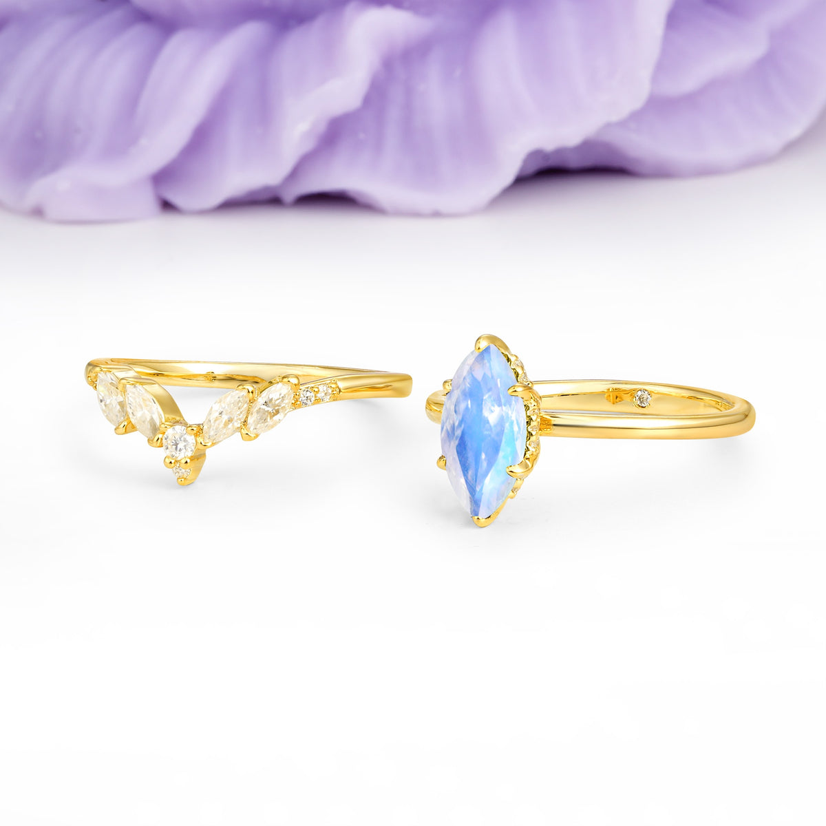 Classic, Luxurious 6-Prong Marquise Cut Moonstone Bridal Ring Set - Additional view